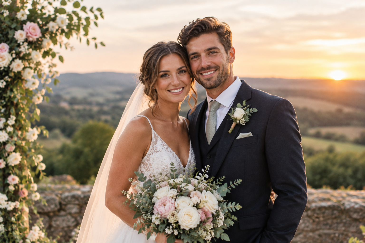 Newlywed couple enjoying their wedding day at sunset